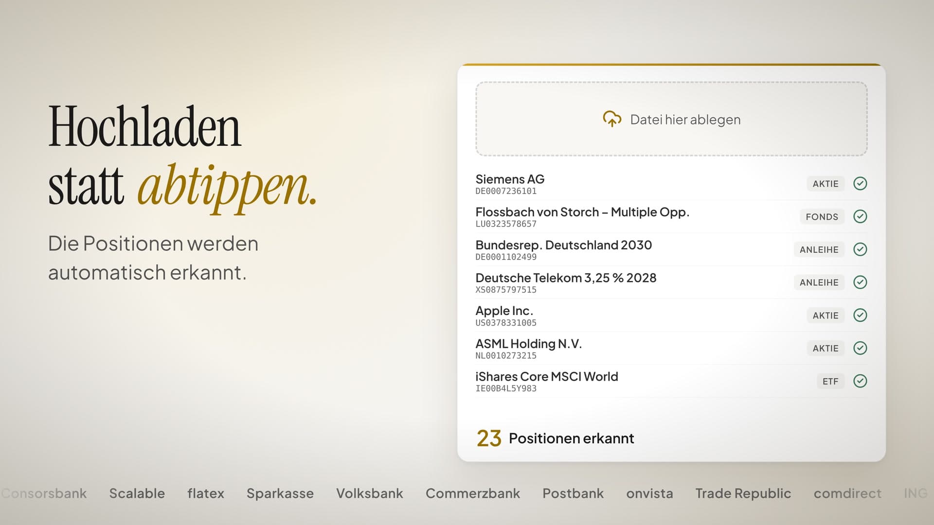 Depotauszug hochgeladen, 23 Positionen erkannt