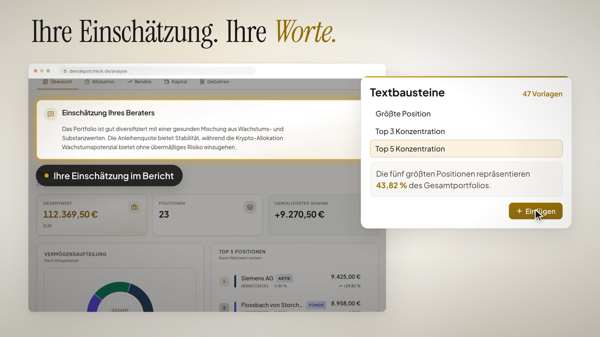 Einschätzung des Beraters mit Textbausteinen